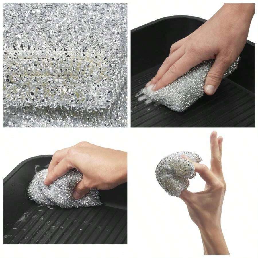 3 esponjas Brillantes Plateadas para Lavar Platos, estropajos, esponjas de Lurex, para sartenes, ollas, vitrocermicas - plata + CH - Ver 1