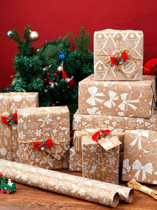 1pc 300x43cm Christmas Gift Wrapping Paper With Reindeer, Christmas Bow, Christmas Cabin, Christmas Bell, Christmas Tree Patterns, Gift Wrapping Decoration Paper