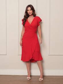 Long Wrap Dress With A Tie At The Waist - Red - View 9