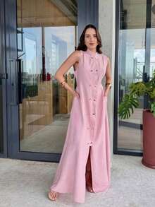 Long Formal Dress Slit Party Wedding Buttons Pocket High Collar Sensorial Tailoring Marrant Fashion Blogger - 淺粉色 - 查看 3