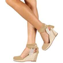 Womens Lace Up Espadrilles Closed Toe Wedges Sandals Strappy Slingback Platform Heels - Màu Khaki - Xem 5