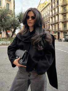 Chaqueta de lana de doble cara de alta calidad con cuello de bufanda, de manga larga y color negro sólido, para otoño/invierno - Negro - Ver 2