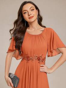 This Chiffon Bridesmaid Dress In Burnt Orange Features Embroidered Appliques, Ruffle Sleeves, And Pleating, Making It A Formal Long Dress Suitable For Wedding Guests. - Burnt Orange - View 6