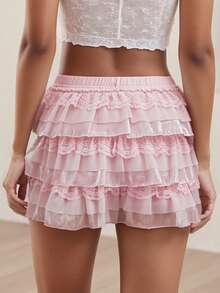 Women Y2k Lace Layered Mini Skirt Low Rise Ruffle Short Tiered Skirt Cute Aline Multi Layer Cake Skirts - 粉色 - 查看 10
