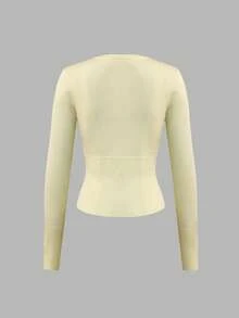 Women's Knitted Button-Up Cardigan, Long Sleeve Round Neck Cropped Fitted Top, High Elasticity, Suitable For Petite - Light Yellow - View 5