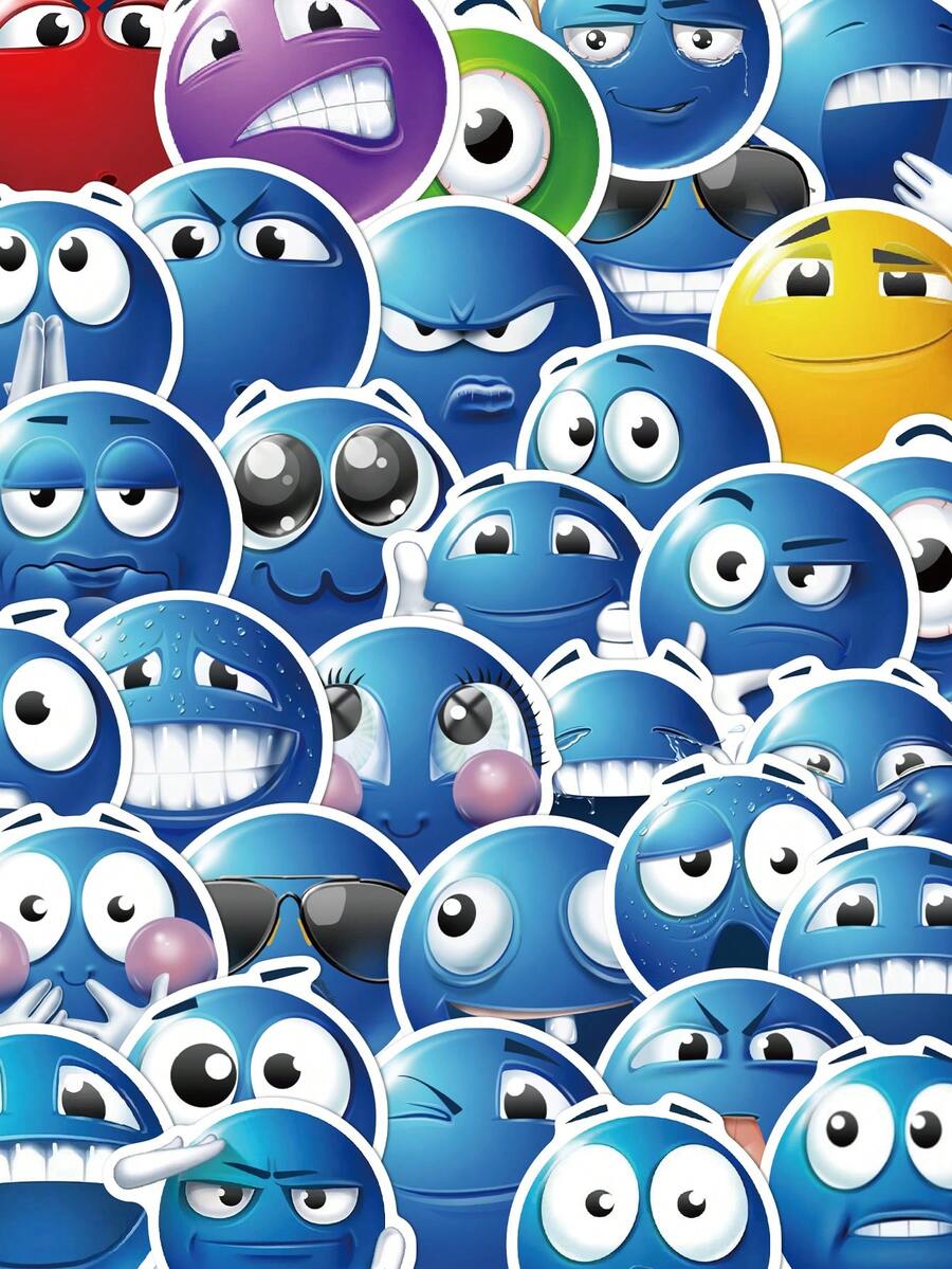 50/60pcs Funny Blue Bean Shaped Stickers, Self-Adhesive Decals For Notebook, Water Bottle, Computer, Phone, Guitar, Skateboard, Fridge, Suitable For Halloween, Christmas, Gift - Multicolor - View 1