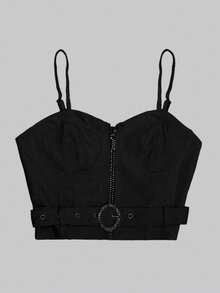 Top de tirantes para mujer ligero casual unicolor de moda con cinturón decorativo y lindos detalles en pedrería sexy para uso diario - Negro - Ver 9