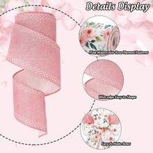 Spring Pink Rose Flower Wired Edge Ribbon Watercolor Floral Craft Fabric Ribbon For Wreath Bow DIY Wrapping Birthday Wedding Party Dr, 2 Rolls, 20 Yard,23939728 - 玫瑰紅 - 查看 5