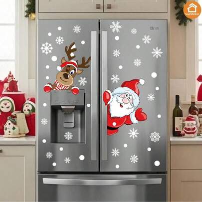 2 piezas Elementos navideños Pegatinas decorativas de Renos y Papá Noel de dibujos animados lindos, Calcomanías de PVC sin adhesivo adecuadas para sala de estar, dormitorio, cocina, baño, paredes, ventanas, refrigerador, ambiente navideño, decoración de pared de 12.79 X 9.33 pulgadas