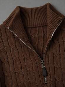 Men's Autumn/Winter Knitted Zip-Up Pullover Sweater With Twisted Rope Design, Casual Business Commute Versatile - Brown - View 3