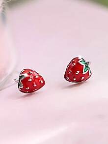 1 Pair S925 Sterling Silver Cute Strawberry Stud Earrings, Perfect Gift Choice For Christmas, Halloween And Thanksgiving, Party Accessories, Holiday Gift, Unique Design, Fashion Jewelry