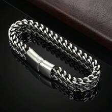 1pc Men's Stainless Steel Braided Double Row Front And Rear Fish Scale Alloy Magnetic Buckle Bracelet With Keel Jewelry New Model - 銀色 - 查看 2