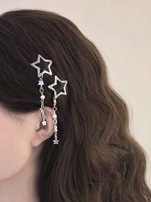 2pcs/Pair Star Shaped Tassel Hair Clip With Chain & Side Hair Pin Accessory Street Y2k Claw Clips Hair Claws Hair Barrettes - 銀色 - 查看 1