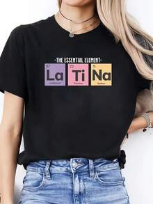 Women's Casual Top With Round Neck And Short Sleeves, Featuring Spanish Letter Print, Suitable For Spring And Summer - 黑色 - 查看 1