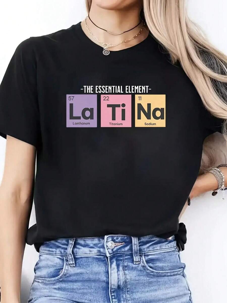 Women's Casual Top With Round Neck And Short Sleeves, Featuring Spanish Letter Print, Suitable For Spring And Summer - 黑色 - 查看 1