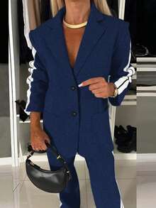 Bộ đồ nữ 2 món thoải mái, quần ống rộng kẻ sọc cổ bẻ và áo dài tay, thích hợp mặc công sở, mùa thu/đông. - Màu xanh ngọc - Xem 4