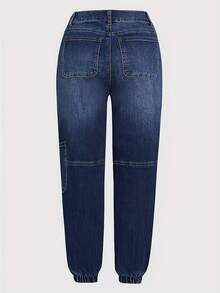 Women's Casual Vintage Multi-Pocket Button Front Cuffed Denim Jogger Pants For All Seasons - 藍色 - 查看 4