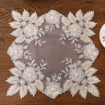 2pcs Handmade Beaded Embroidery Mesh Placemats, French Romantic Polyester Fiber Placemats, For Dining Table, Coffee Table, Vase Decor, Wedding Party Holiday