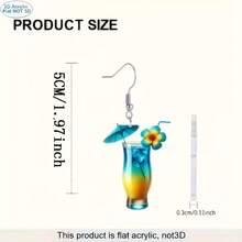 Needle 2D Plane, A Pair Of Tropical Cocktail Acrylic Drop Earrings - Bright Blue And Orange Gradient Color And Hibiscus Umbrella Design, Light Beach Party Women's Jewelry, Birthday And Holiday Gifts - 彩色 - 查看 4
