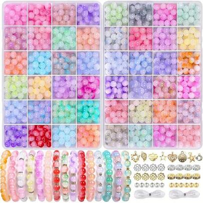 600/1200 Stück Schmuckherstellungsset, 8mm Kristallglasperlen rundes Freundschaftsarmband Herstellungsset, DIY handgemachtes Bastelarmband Halskette Ohrringe Geburtstagsgeschenk