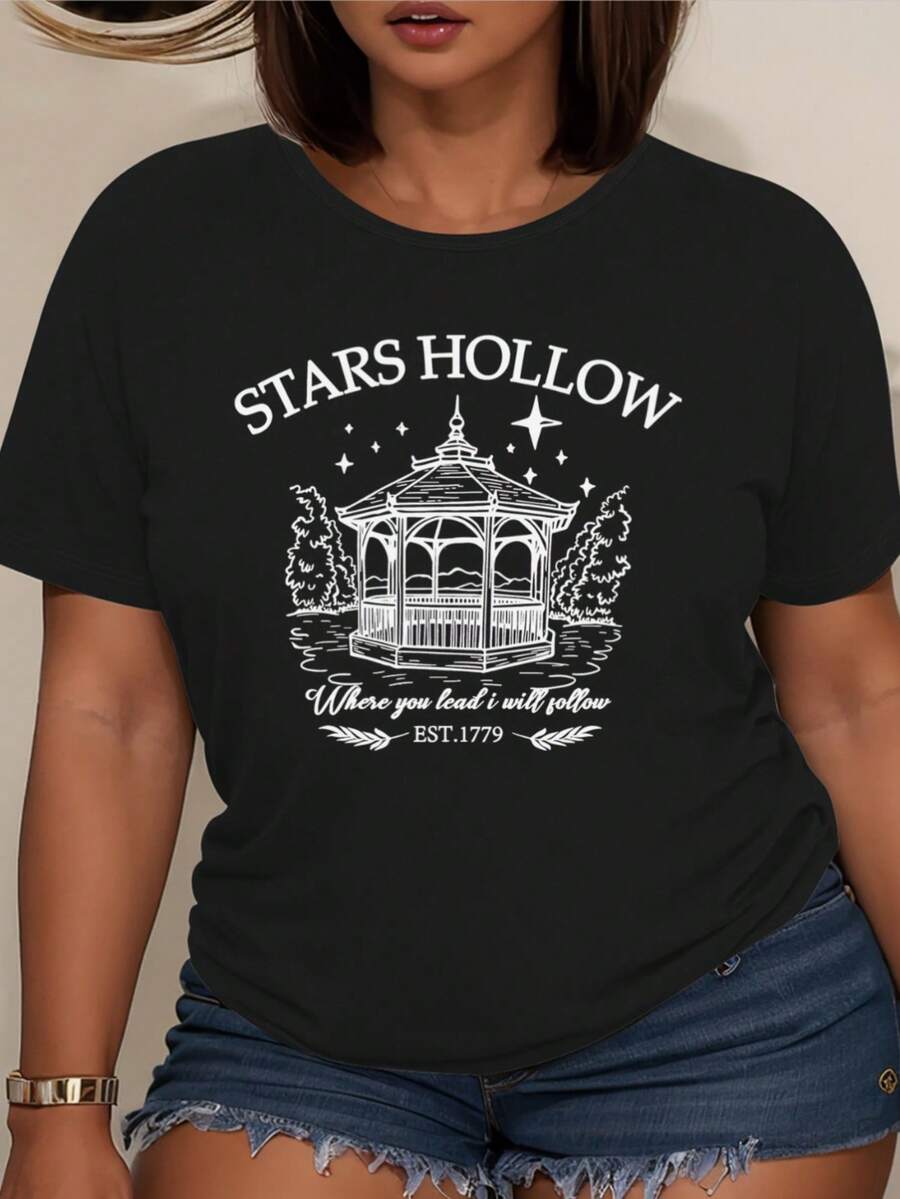 1pc Stars Hollow Graphic Tee, Women'S Sports Short Sleeves Short Sleeve T-Shirt, Casual Crew Neck Polyester Top With Medium Stretch, All-Season Knit Fabric With Applique Detail - 50-B03-111951 - 黑色 - 查看 1