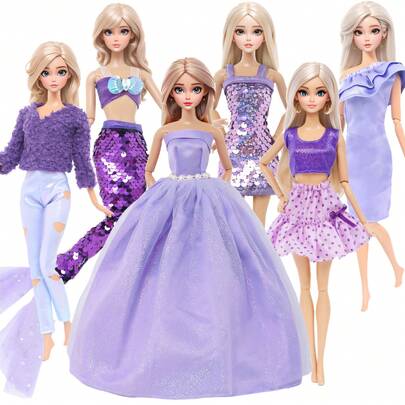 6 Sets Fashion Doll Clothes Dresses For 11.5 Inch Girl Doll, Purple Style Including Wedding Party Dress, Casual Tops And Pants Outfit, Mermaid Swimsuit, Sequins Dress, Doll Dress Up Game Toys Birthday Gift Christmas Stocking Stuffers(Doll Not Included)