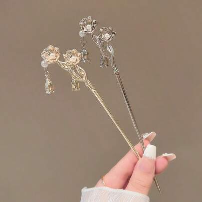 1个复古花朵发夹，优雅汉服/旗袍配饰，百搭莲花发夹，金属发夹，简约小众发髻发夹，复古中式创意发饰，发髻延长器，发型发夹，发饰，头部配饰，女士发饰