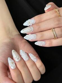 10pcs White Almond Handmade Nail Stickers, White Wedding Manicure, 3D Embossed Floral Shell Design, Minimalist Elegant Nail Decor, Reusable Handmade False Nails, Comes With Glue And Nail File, Great Gift For Girls - White - View 7