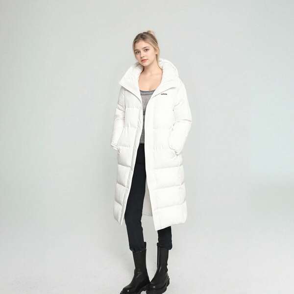 Adidas جاكيت أديداس طويل للنساء بغطاء للرأس ومعطف رياضي مقاوم للرياح ودافئ من القطن والريش