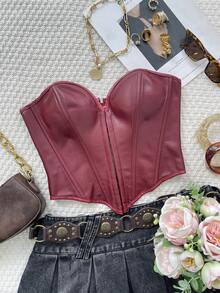 Apperloth A Y2K PU Leather Boned Corset Crop Wine Red Tops Hook Grommet Eyelet Front Lace Up Back Backless Sexy Overbust Shapewear Tube Party Top Clubwear Christmas Clothes Halloween Costumes