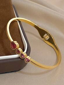 18K Gold Plated Stainless Steel Luxury Elegant Rose & Heart Zirconia Bangle Bracelet Set For Women, Romantic Sweet Jewelry Mom Gift Christmas Thanksgiving Halloween Wedding Rave/Prom/Party/Daily Accessories Gift For Anniversary Valentine's Day Boho Jewelry Birthday Bridesmaid Gifts