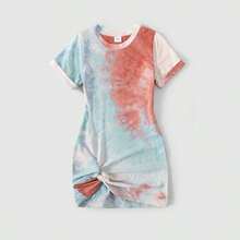 Family Matching Colorblock Tie Dye Twist Knot Bodycon Dresses And Short-Sleeve T-Shirts Sets - 彩色 - 查看 4