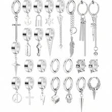 Thunaraz 25 Pcs Clip On Earrings For Men Stainless Steel Cross Chain Dangle Earrings Black Fake Earrings For Men Women Non Pierced Huggie Hoop Earrings Set - 銀色 - 查看 8