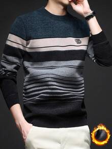 Green Men's Winter Thick Sherpa Striped Knit Sweater - Cadet Blue - View 8