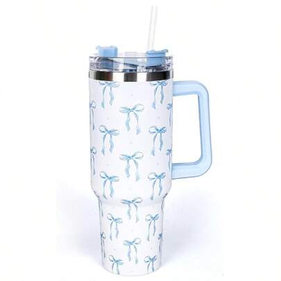40 Oz Blue Bow Tumbler With Handle Straw And Lid, 1200ml Stainless Steel Vacuum Insulated Bow-Knot Travel Coffee Tumbler Cup For Women Friend Holiday Birthday