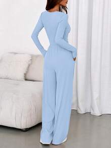 Women  Fall Jumpsuits  Dressy Casual One Piece Outfits Long Sleeve Crew Neck Wide Leg Pants Rompers  Fall Clothes For Women - Màu xanh nhạt - Xem 2