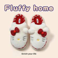 Sanrio Kapcie z motywem kokardki 3D z kotem – gruba, miękka, pluszowa wyściółka, eleganckie kapcie księżniczki do domu/imprezy, ulepszona, cicha, miękka, nienagrzewająca się podeszwa, oddychające, bezzapachowe, nowość zimowa 2025, puszyste kapcie Hello Kitty, kapcie damskie, dla par, różowo-brązowo-czarne