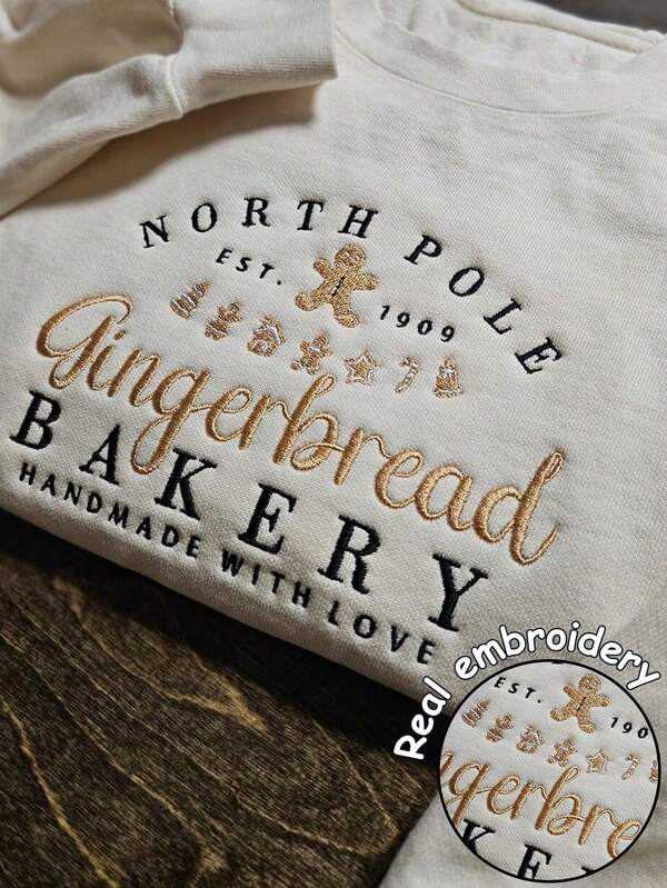 Moletom feminino casual grande com gola redonda e manga comprida, com bordado "Christmas INGGERBREAD BAKERY", moletom natalino feio para outono e inverno
