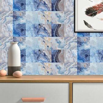 10pcs Beautiful Blue Marble Pattern Self-Adhesive Waterproof Wall Stickers, Suitable For Bathroom, Kitchen Entrance, Living Room Backdrop, Home Decor, Furniture Renovation DIY Wallpaper