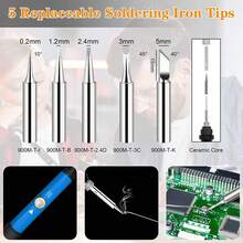 烙铁套件，ILIBILIB 60W 110V 可调温焊铁，200 至 450°C，带 5 个可更换焊头，美规