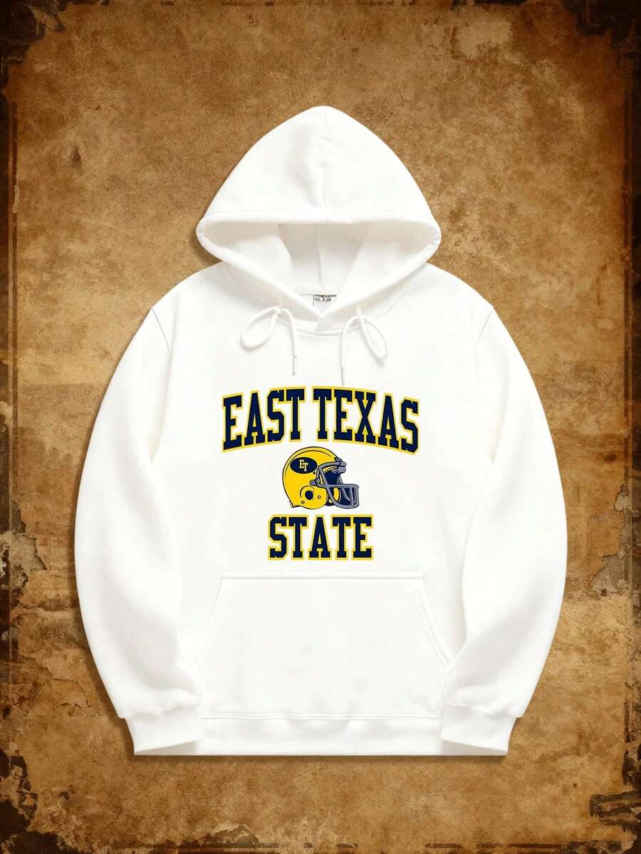 A Men's Hoodie With _EAST TEXAS STATE_ Lettering And A Football Helmet Pattern, Designed In An American Campus Or Sports Style, Made Of 280G Heavy Comfortable Knit Fabric, Suitable For Couples, Going,Fall Hoodies,Men's Fall Clothes,Street Wear,Halloween,Mens Hoodies,Y2k Clothes,Jesus Hoodie,Thanksgiving Day,Nightmare Before Christmas,Christmas - White - View 1