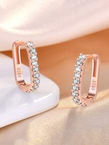 1 Pair 925 Sterling Silver Crystal Cubic Zirconia Hoop Earrings For Women, Wedding, Birthday Gift, Daily Wear, Comes With Exquisite Gift Box - Hoa hồng vàng - Xem 11
