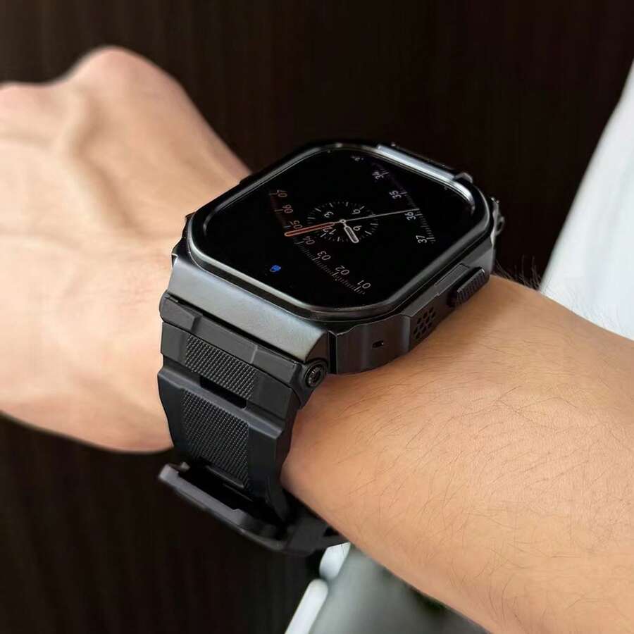 1 Stück Edelstahl Armband, kompatibel mit Apple Watch Ultra 1/2/3 49mm, Series 10/11 46mm, robuste Metall Schutzhülle, geeignet für Herren und Damen - perfektes Geschenk für Halloween, Weihnachten, Sport Accessoires - Schwarz - Übersicht 1