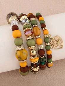 Set Of 4 Vintage & Elegant  Style Colorful Acrylic Beaded Elastic Bracelets For Women, Suitable For Festivals, Birthdays, Dates, Dances, Parties, Weddings, Holidays, Shopping, Daily Commutes.