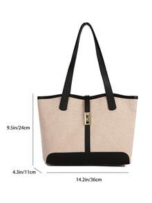 European And American Cross-Border Personalized Linen Color Block Large Capacity Tote Bag, Women New Fashion Color Block Shoulder Handbag, Casual Versatile Large Capacity Bucket Bag - Black - View 7