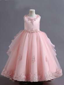 Flower Girl Dress Princess Puffy Tulle Dresses Bridesmaid Wedding Birthday Party Pageant Maxi Prom Gown For Kids - Bụi hồng - Xem 6