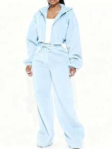 Women's Casual Warm Hoodie Sweatshirt And Loose Fit Sweatpants Set - 淺藍色 - 查看 5
