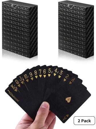 2 Decks Waterproof Plastic Playing Cards For Christmas & Holiday Parties, Family Game Nights, Party Favors & Gifts - Includes Foil & Novelty Cards For Magic Tricks, Fun For Adults, Men & Teens (Black)