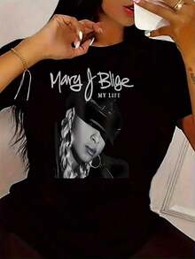 Tallas Grandes, Mary J. para Mujer Camiseta Gráfica de Homenaje al Álbum MY LIFE de Blige - Retrato Icónico de la Reina del Hip-Hop - Camiseta Suave de Cuello Redondo para Conciertos y Atuendos Cotidianos - Mary J. Ropa para Fanáticos de la Música Blige, Ropa Casual de Verano, Camisetas Inspiradas en la Música, Ajuste Cómodo, Tela Transpirable, Camisetas Divertidas de Algodón 100% con Gráficos Y2K para Halloween - Negro - Ver 1
