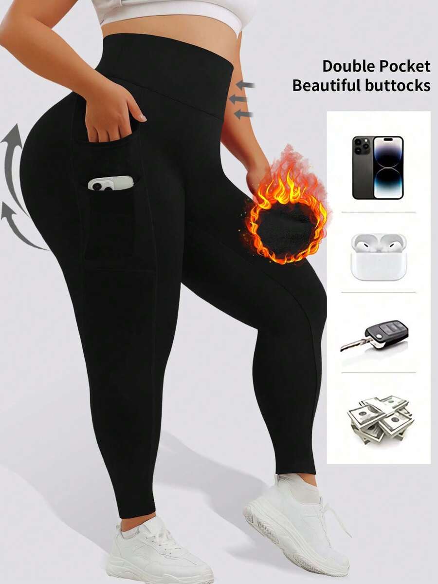 1pc Plus Size Ribbed Brushed Leggings, Black, Yoga Pants For Autumn/Winter, Two Side Pockets, Front Flattering Design, Double-Layer Waistband